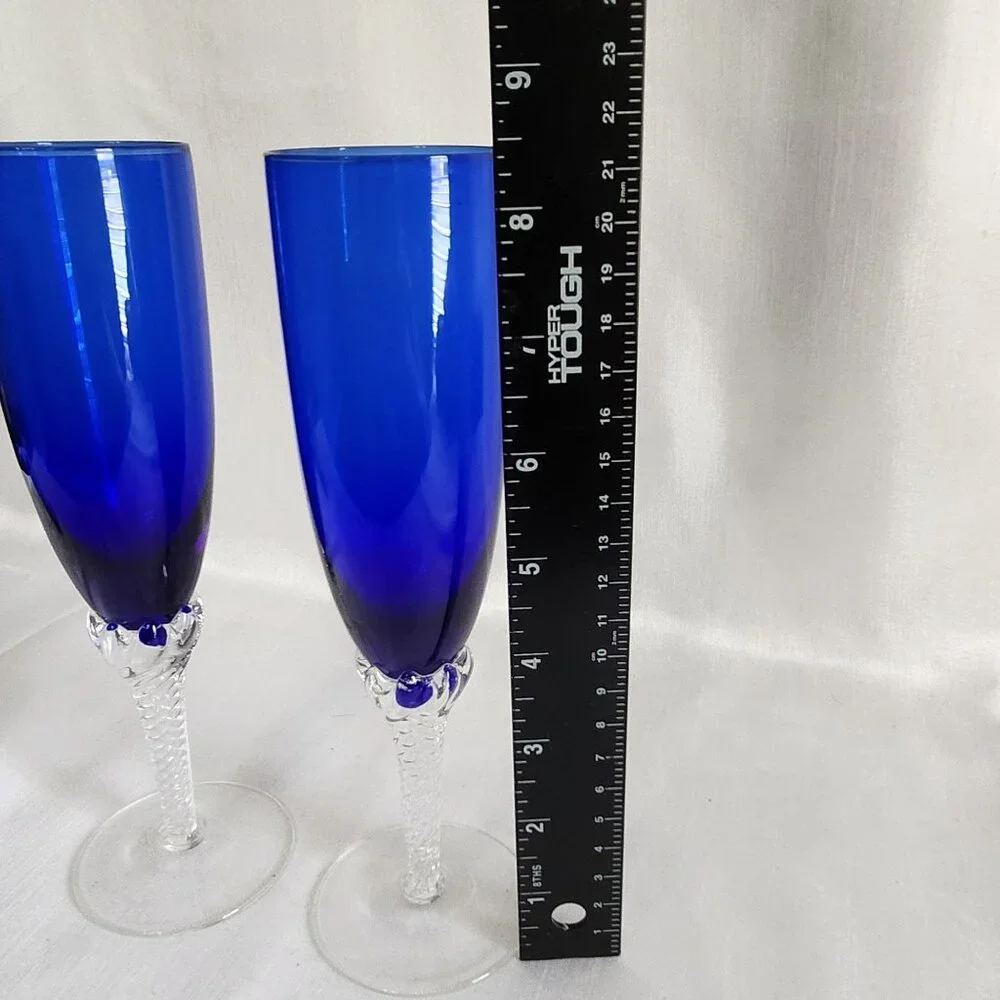 Elegant Blue Crystal Champagne Flutes With Clear Textured Stems Set Of 4 8.5